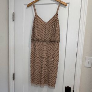 New Adrianna Papell Blouson Beaded Dress in Taupe Dusty Pink and Silver Size 14